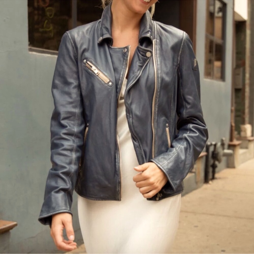 MAURITIUS Sofia Biker Moto Rock Grey Blue Leather Spring Jacket